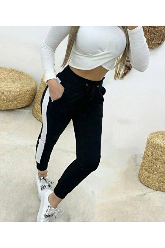 Kadın Yüksek Bel Kuş Gözü Detaylı Bağcıklı Yan şeritli Viskon Iki Iplik Eşofman Altı