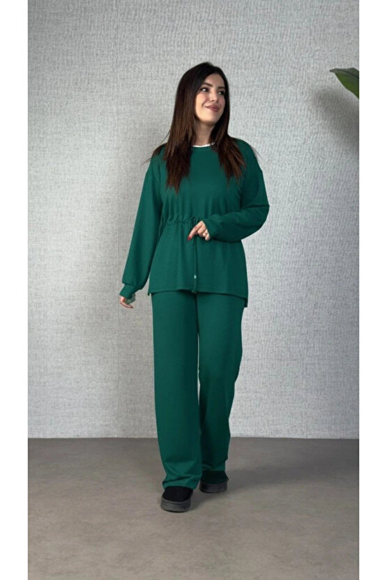 Kadın Uzun Kollu Bisiklet Yaka Belden Büzgülü Bağcıklı Viskon Iki Iplik Bluz Ve Pantolon Ikili Takım
