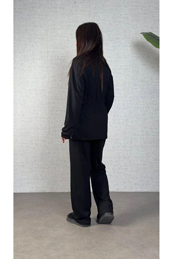 Kadın Uzun Kollu Bisiklet Yaka Belden Büzgülü Bağcıklı Viskon Iki Iplik Bluz Ve Pantolon Ikili Takım