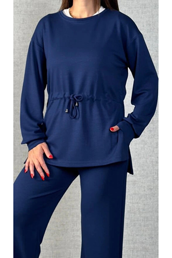 Kadın Uzun Kollu Bisiklet Yaka Belden Büzgülü Bağcıklı Viskon Iki Iplik Bluz Ve Pantolon Ikili Takım