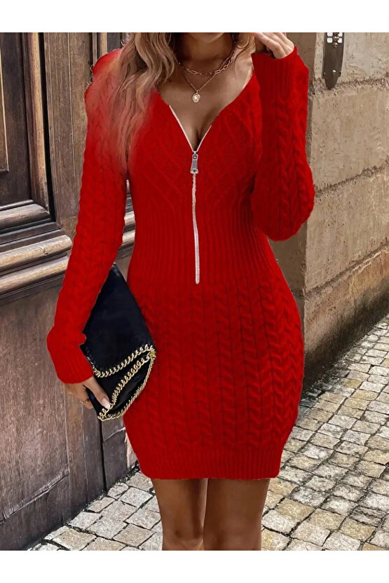 Kadın Uzun Kollu V Yakalı önden Fermuarlı Kısa Triko Elbise