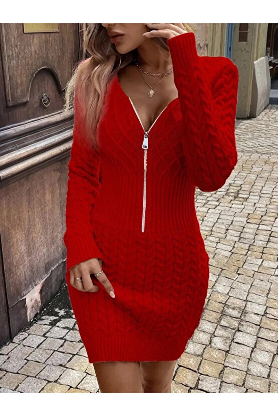 Kadın Uzun Kollu V Yakalı önden Fermuarlı Kısa Triko Elbise