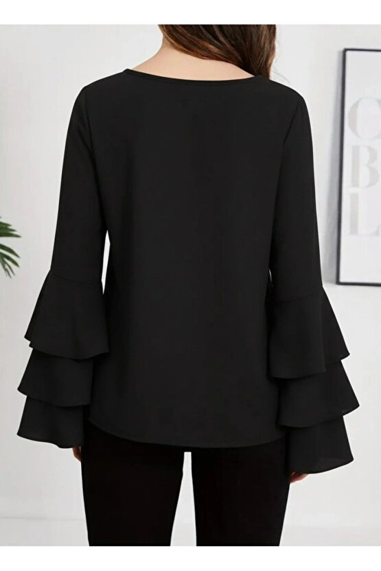 Kadın Uzun Kollu Bisiklet Yaka Kollar İspanyol Volanlı Sandy Bluz