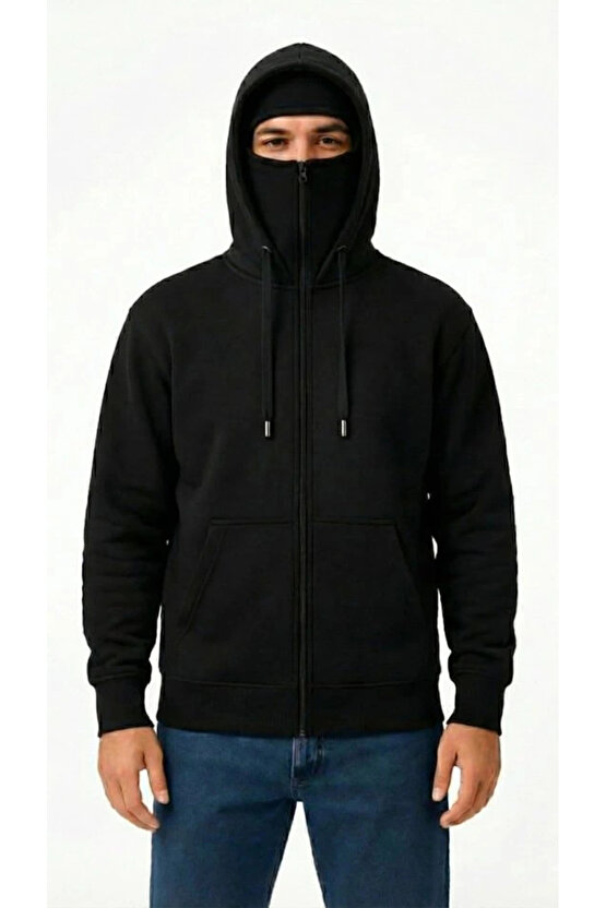 Samuray Ninja Çift Kapüşonlu ZIP Fermuarlı Kanguru Cepli Tam Fermuarlı Hoodie Sweatshirt - Siyah