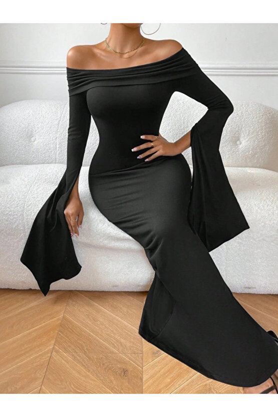 Kadın Madonna Yaka Uzun Yırtmaç Kol Detaylı Uzun Ithal Krep Elbise