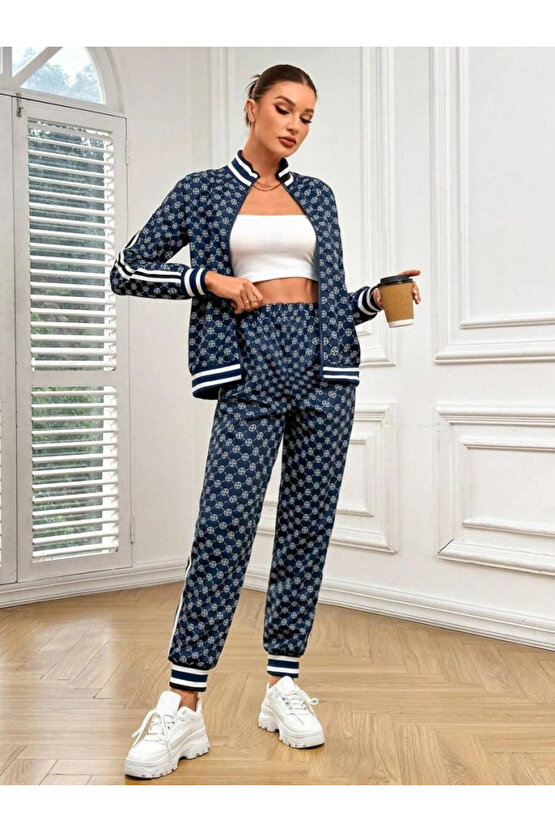 Kadın Uzun Kollu önden Fermuarlı Desenli Iki Iplik Bluz Ve Pantolon Ikili Takım