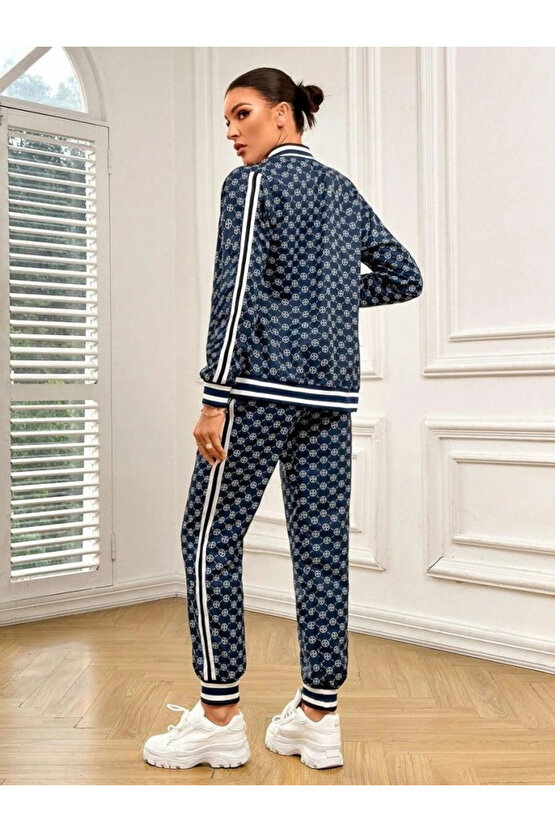 Kadın Uzun Kollu önden Fermuarlı Desenli Iki Iplik Bluz Ve Pantolon Ikili Takım