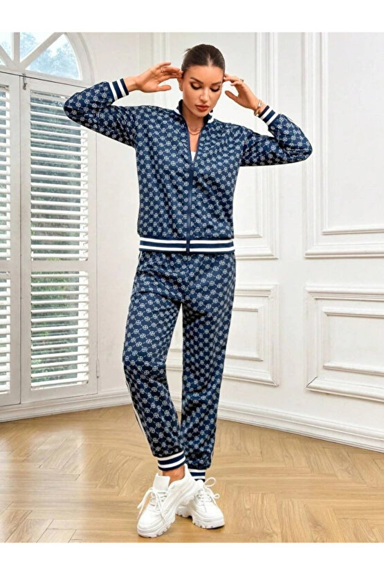 Kadın Uzun Kollu önden Fermuarlı Desenli Iki Iplik Bluz Ve Pantolon Ikili Takım