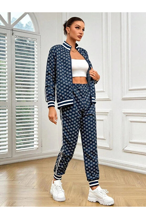 Kadın Uzun Kollu önden Fermuarlı Desenli Iki Iplik Bluz Ve Pantolon Ikili Takım