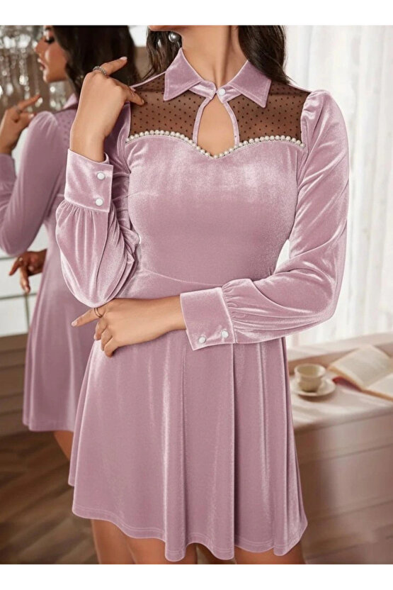 Kadın Uzun Kollu Yakalı Tül Detaylı Incili Mini Kadife Elbise