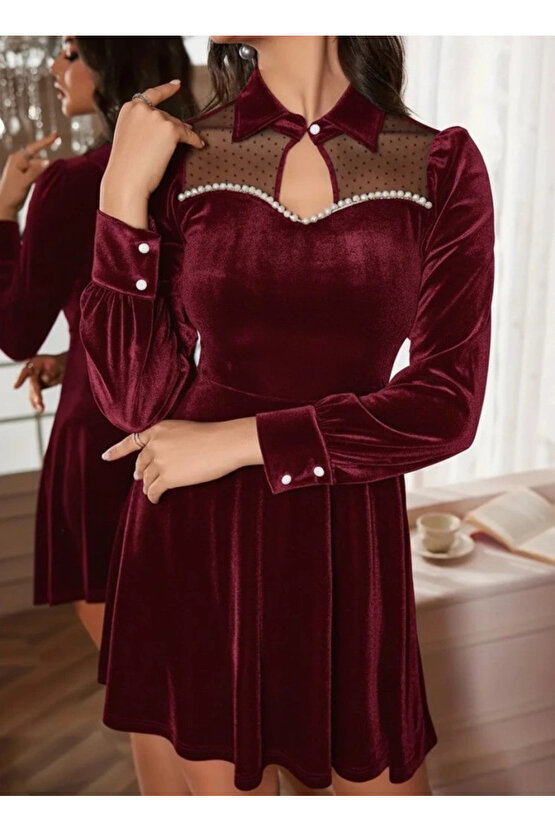 Kadın Uzun Kollu Yakalı Tül Detaylı Incili Mini Kadife Elbise