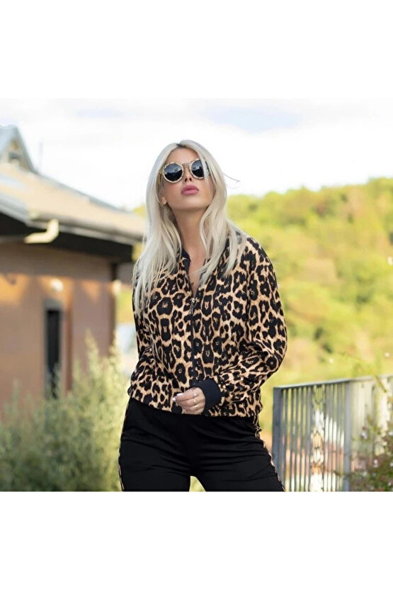 Kadın Uzun Kollu önden Fermuarlı Leopar Desen Detaylı Viskon Iki Iplik Bluz Ve Pantolon Ikili Takım