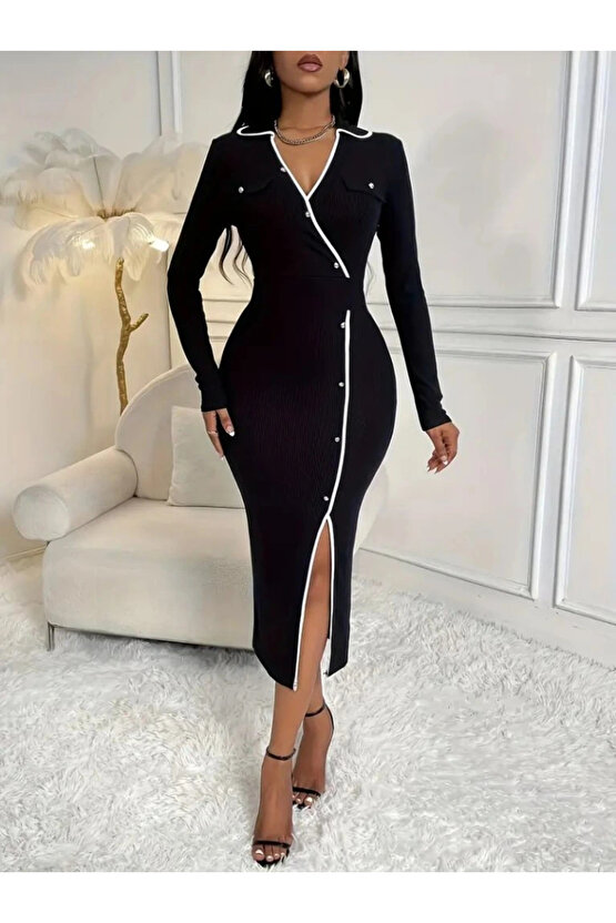 Kadın Uzun Kollu Yakalı Cepli Düğmeli Yırtmaç Detaylı Modal Uzun Elbise