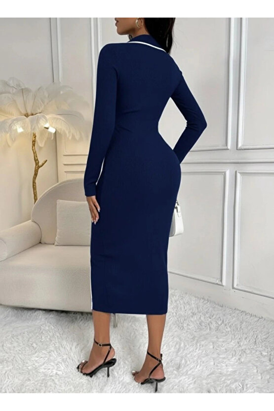 Kadın Uzun Kollu Yakalı Cepli Düğmeli Yırtmaç Detaylı Modal Uzun Elbise