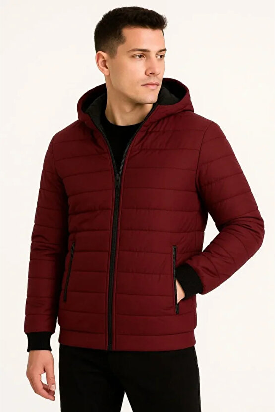 Erkek Şişme Kapüşonlu Fermuarlı Mont Su Itici Kapitone Astarlı Kumaş Cepli Kışlık Rahat Kalıp - Bord