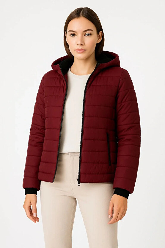 Kadın Şişme Kapüşonlu Fermuarlı Mont Su itici Kapitone Astarlı Kumaş Cepli Kışlık Rahat Kalıp - Bord