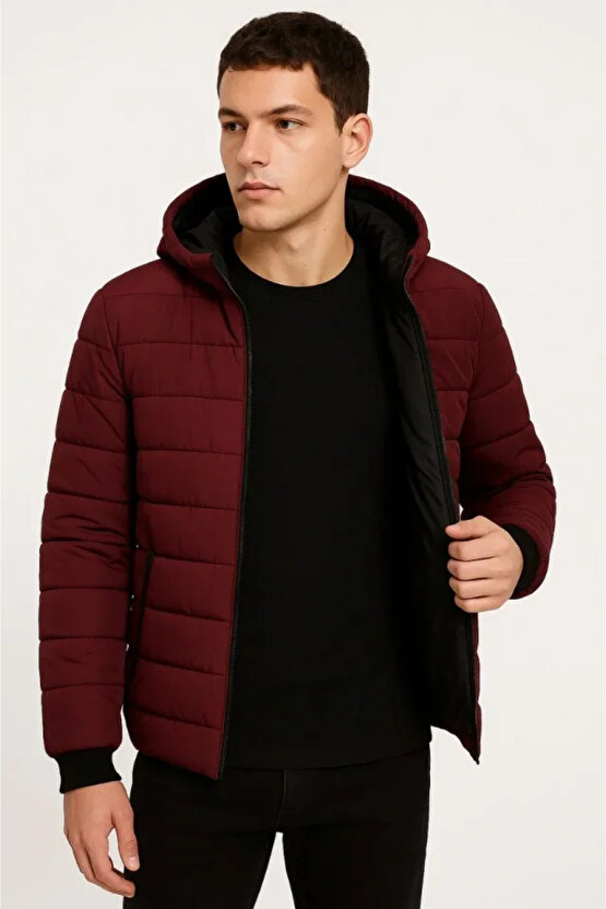 Erkek Şişme Kapüşonlu Fermuarlı Mont Su Itici Kapitone Astarlı Kumaş Cepli Kışlık Rahat Kalıp - Bord