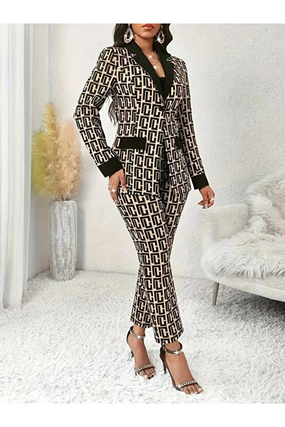 Kadın Uzun Kollu Yakalı Desenli Dalgıç Ceket Bluz Ve Pantolon üçlü Takım