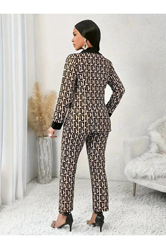 Kadın Uzun Kollu Yakalı Desenli Dalgıç Ceket Bluz Ve Pantolon üçlü Takım