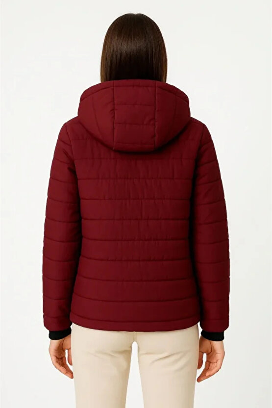 Şişme Kapüşonlu Fermuarlı Mont Su Itici Kapitone Astarlı Kumaş Cepli Kışlık Rahat Kalıp - Bordo