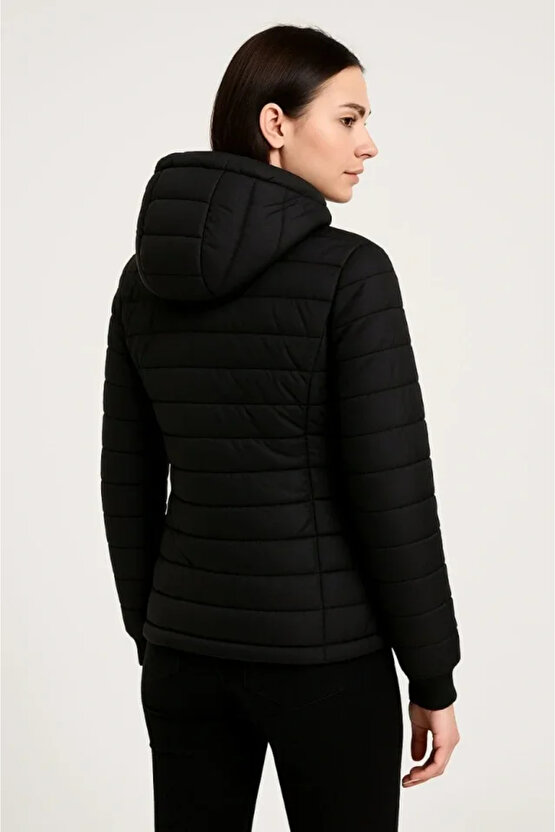 Şişme Kapüşonlu Fermuarlı Mont Su Itici Kapitone Astarlı Kumaş Cepli Kışlık Rahat Kalıp - Siyah