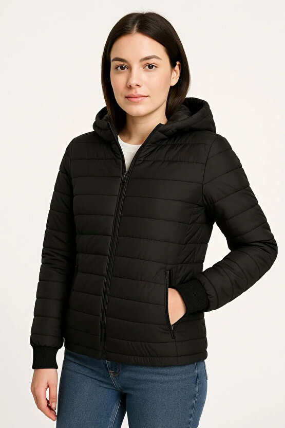 Kadın Şişme Kapüşonlu Fermuarlı Mont Su itici Kapitone Astarlı Kumaş Cepli Kışlık Rahat Kalıp - Siya