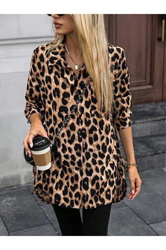 Kadın Uzun Kollu Yakalı önden Düğmeli Yandan Bağcıklı Leopar Desenli Modal Bluz