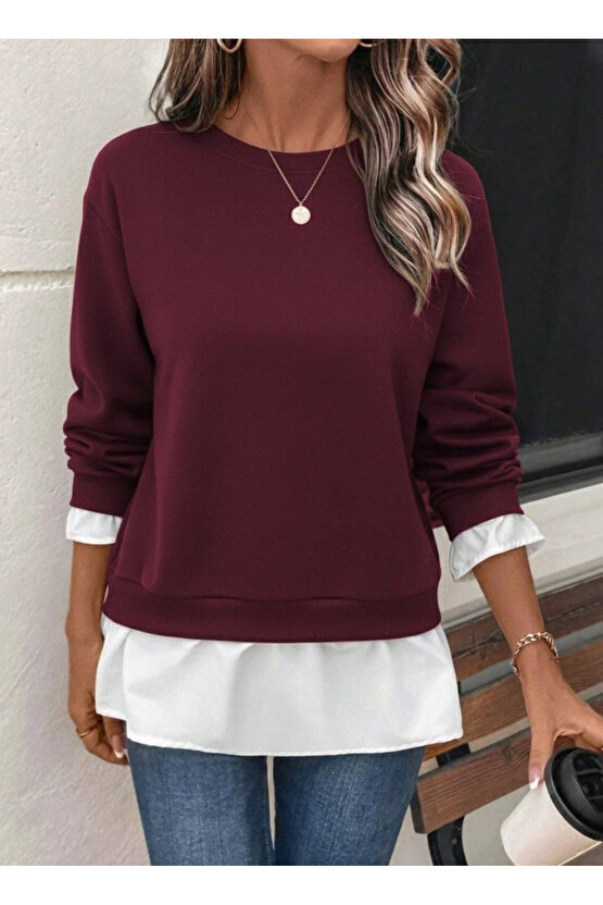 Kadın Uzun Kollu Bisiklet Yaka Viskon Iki Iplik Ve Etek Ucu Trikoton Bluz