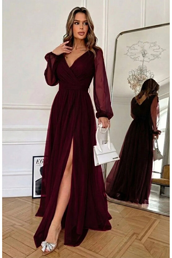 Kadın Uzun Kollu Kruvaze Yakalı Belden Kuşaklı Tüllü Uzun Ithal Krep Elbise