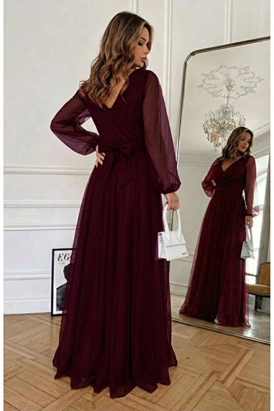 Kadın Uzun Kollu Kruvaze Yakalı Belden Kuşaklı Tüllü Uzun Ithal Krep Elbise