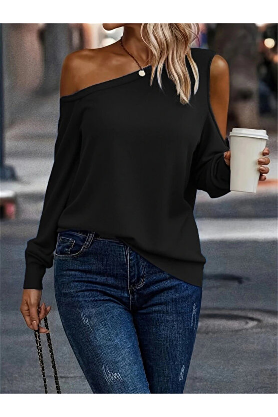 Kadın Uzun Kollu Omuzlardan Açık Salaş Viskon Iki Iplik Bluz