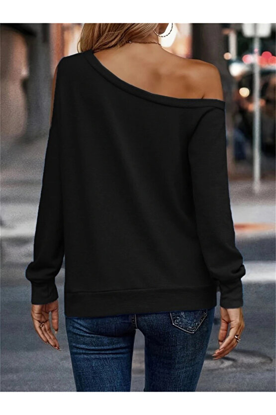 Kadın Uzun Kollu Omuzlardan Açık Salaş Viskon Iki Iplik Bluz