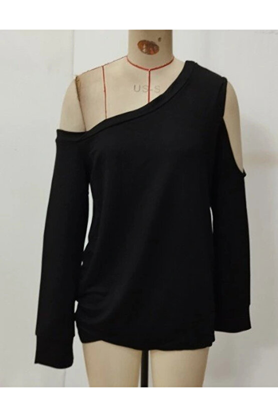 Kadın Uzun Kollu Omuzlardan Açık Salaş Viskon Iki Iplik Bluz