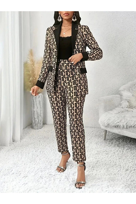 Kadın Uzun Kollu Yakalı Desenli Dalgıç Ceket Bluz Ve Pantolon üçlü Takım