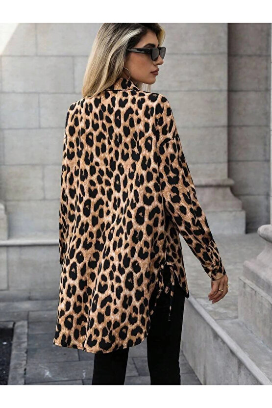Kadın Uzun Kollu Yakalı önden Düğmeli Yandan Bağcıklı Leopar Desenli Modal Bluz