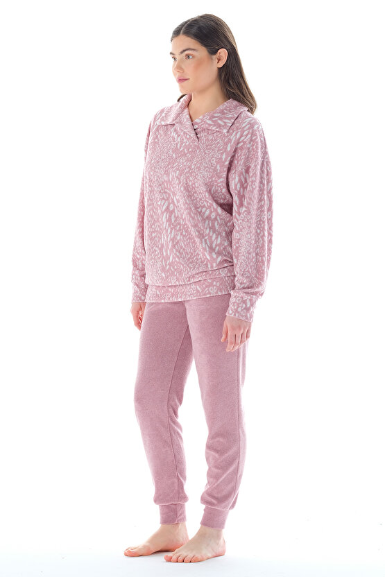 Kadın Asortik Yakalı Desenli Paçası Lastikli Havlu Pijama Takımı