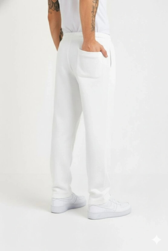 Erkek Üç Iplik Kışlık Pamuklu Ovarsize Bağcıklı Düz Paça Cepli Eşofman Altı Spor Rahat Model - Beyaz