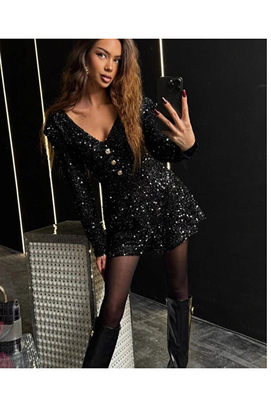 Kadın Uzun Kollu V Yaka Düğme Detay Ful Pul Payet Elbise