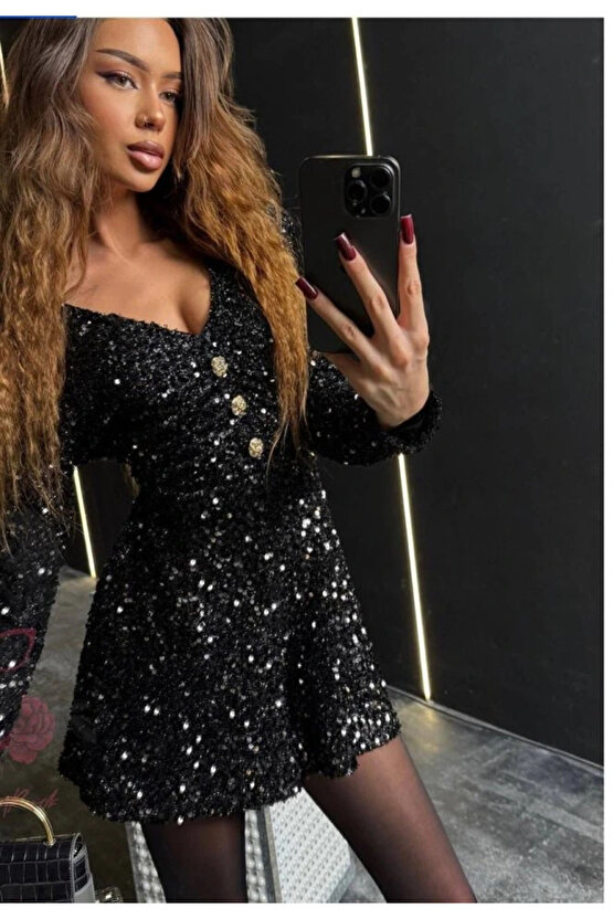 Kadın Uzun Kollu V Yaka Düğme Detay Ful Pul Payet Elbise