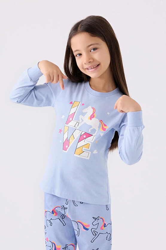Kız Çocuk Mavi Uzun Kol Pijama Takım