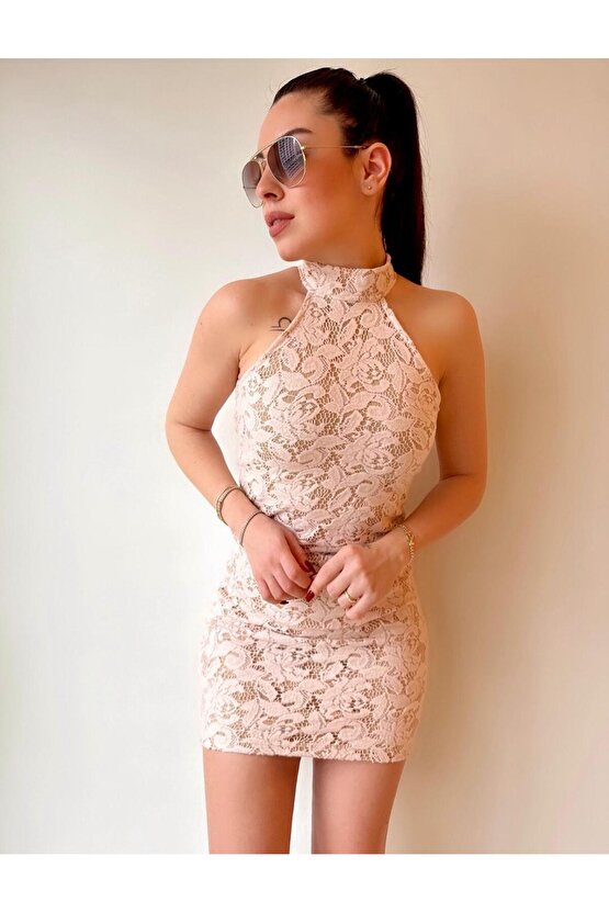 Kadın Boyun Bağlamalı Full Likralı Astarlı Dantel Mini Elbise