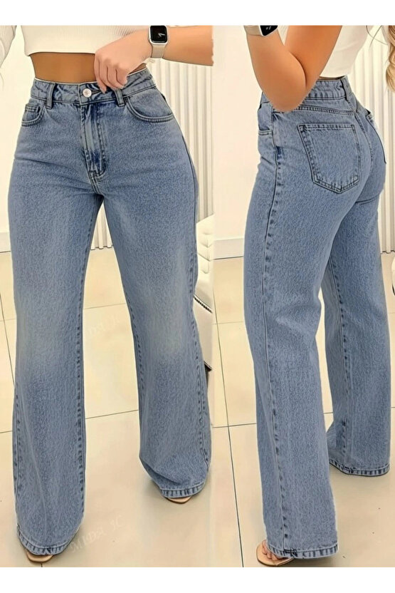 Kadın Yüksek Bel Cepli Paçaya Doğru Geniş Kot Pantolon