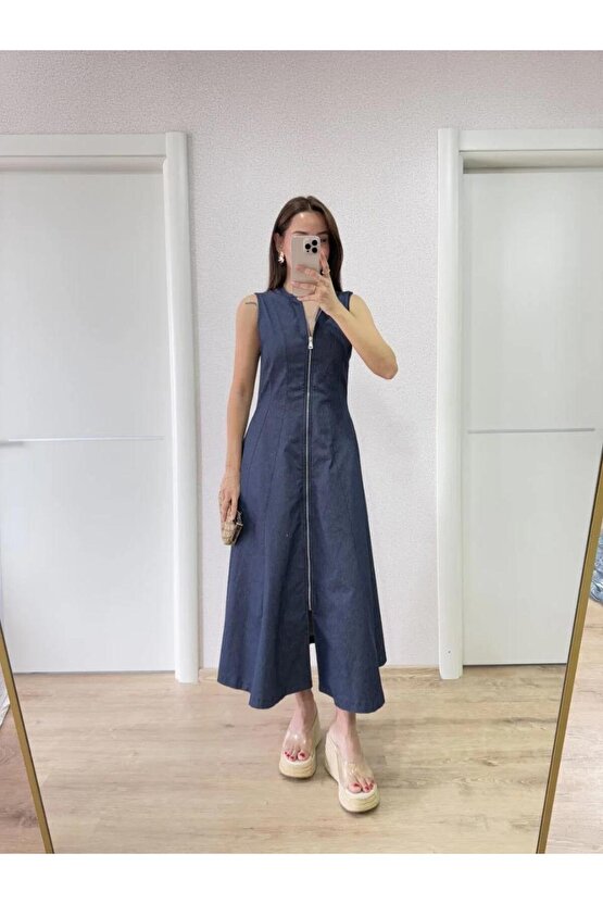 Jeans Kot Önü Tam Fermuarlı Uzun Elbise - Mavi