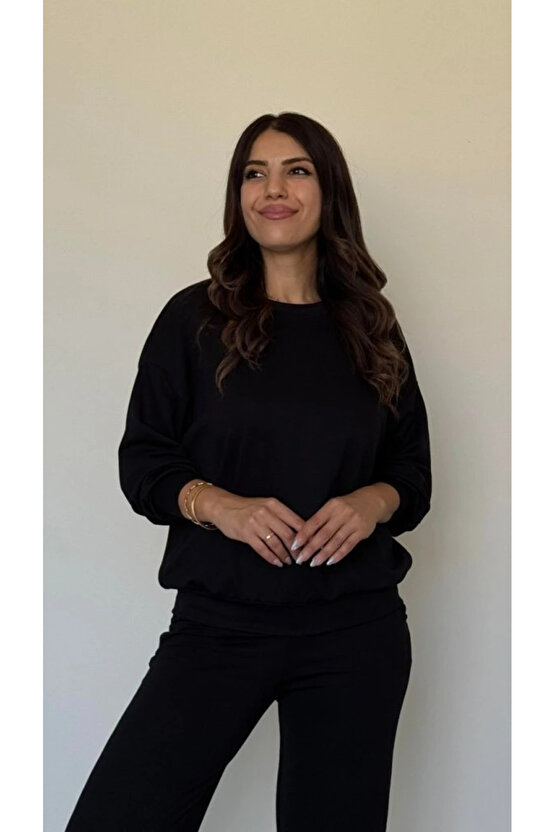 Kadın Uzun Kollu Bisiklet Yaka Viskon Iki Iplik Bluz Ve Pantolon Ikili Takım