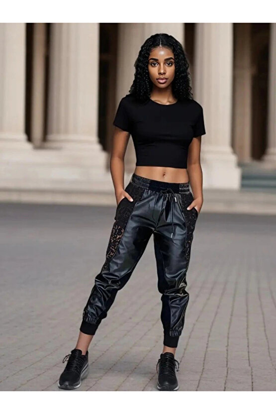 Kadın Yüksek Bel Lastikli Yanda Dantel Detaylı Bağcıklı Deri Pantolon