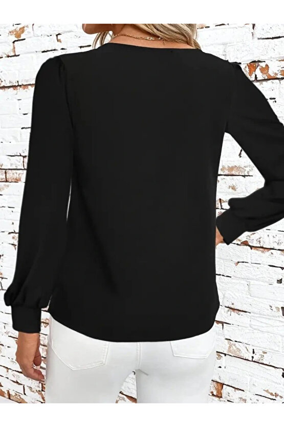 Kadın Uzun Kollu Yaka Detaylı Düğmeli Ithal Krep Bluz