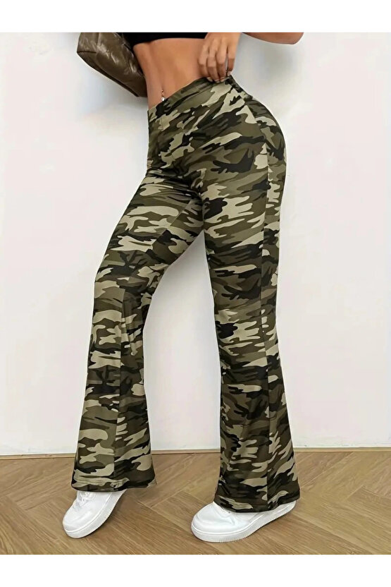 Kadın Yüksek Bel Kamuflaj Desenli Dalgıç Tayt