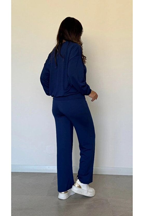 Kadın Uzun Kollu Bisiklet Yaka Viskon Iki Iplik Bluz Ve Pantolon Ikili Takım