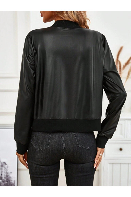 Kadın Uzun Kollu önden Fermuarlı Deri Kısa Ceket
