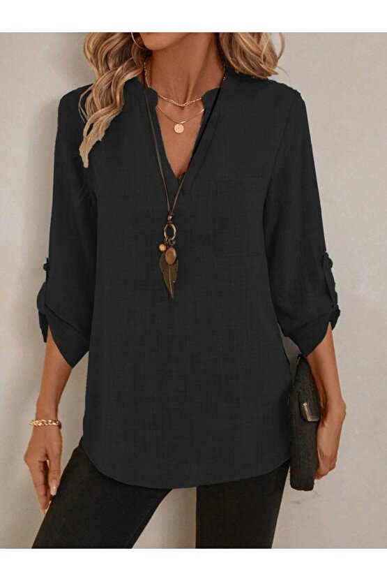 EQURİ Kadın Truvakar Kol V Yakalı Keten Bluz